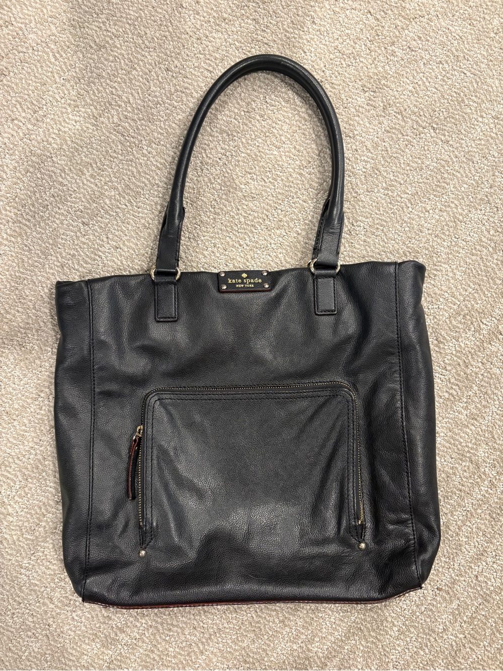 kate spade Black Leather Tote with Front Zip Pocket